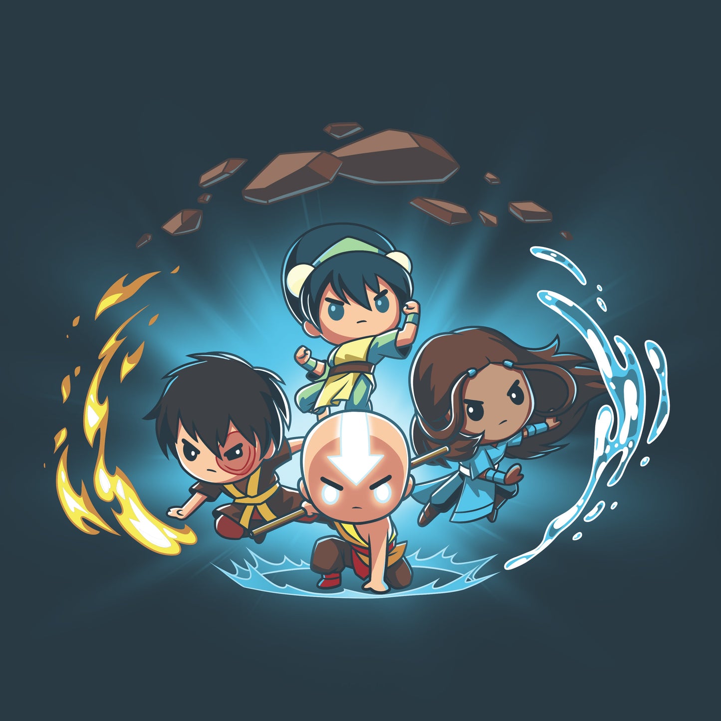 Premium Cotton T-shirt - Four animated characters with elemental powers (fire, air, water, and earth) in dynamic poses on a Avatar: The Last Airbender apparel by monsterdigital, surrounded by their respective elements against a dark background.