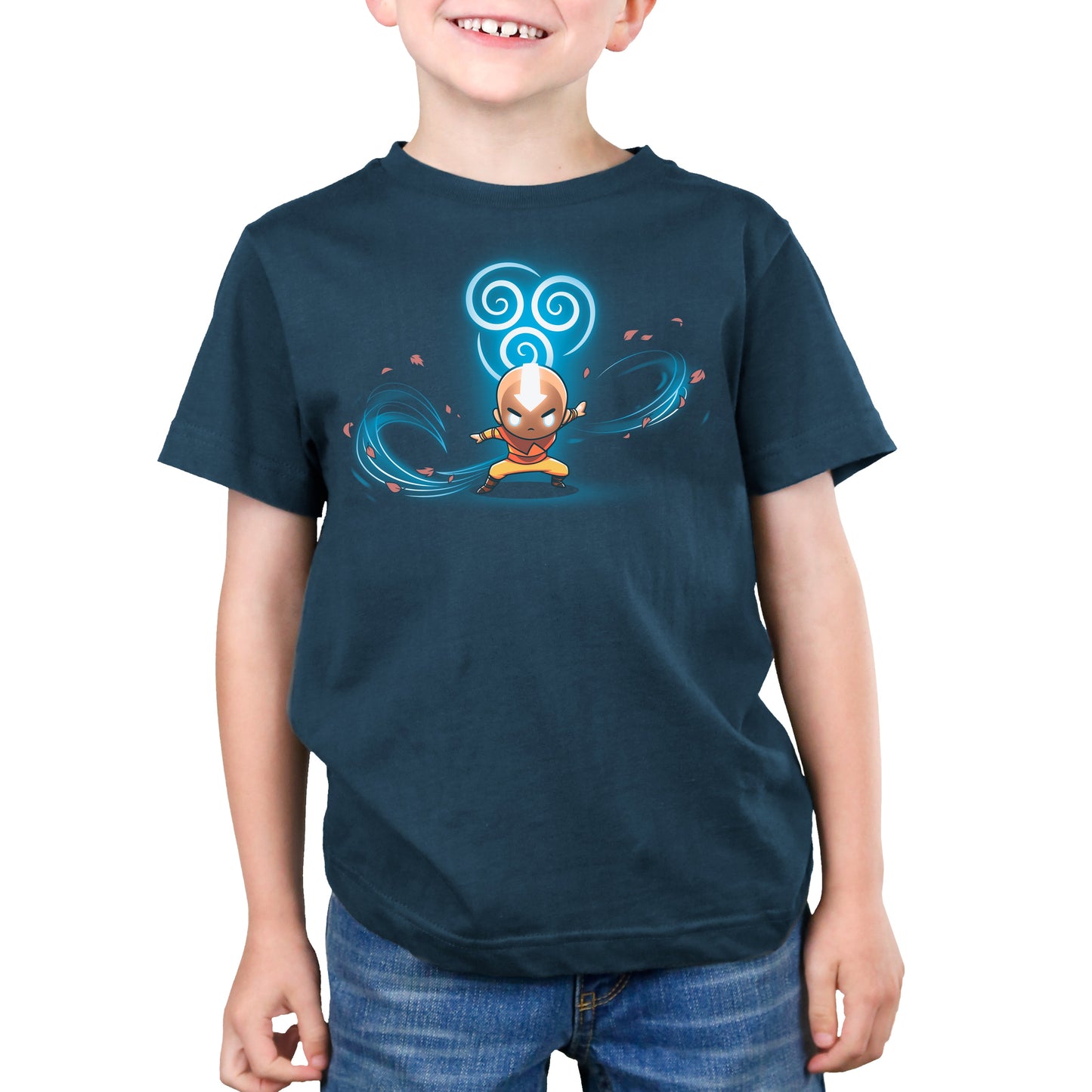 Premium Cotton T-shirt_TeeTurtle denim blue Air Nomads apparel featuring Aang in Avatar state with the air symbol and swirling winds in the background.