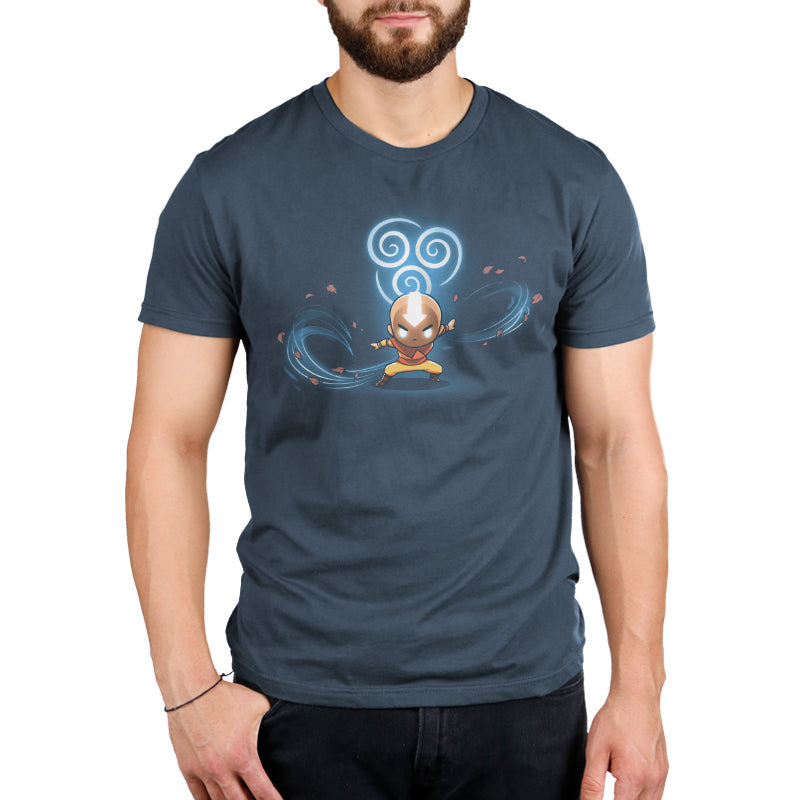 Premium Cotton T-shirt_TeeTurtle denim blue Air Nomads apparel featuring Aang in Avatar state with the air symbol and swirling winds in the background.