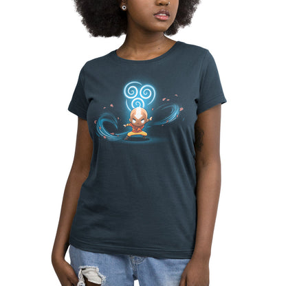 Premium Cotton T-shirt_TeeTurtle denim blue Air Nomads apparel featuring Aang in Avatar state with the air symbol and swirling winds in the background.