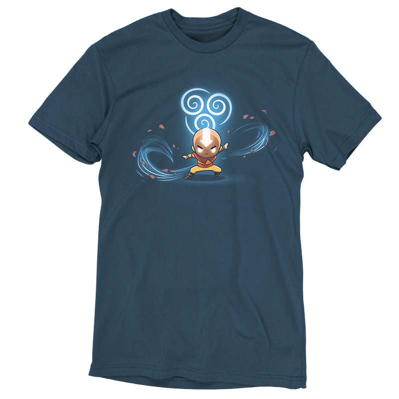 Premium Cotton T-shirt_TeeTurtle denim blue Air Nomads apparel featuring Aang in Avatar state with the air symbol and swirling winds in the background.