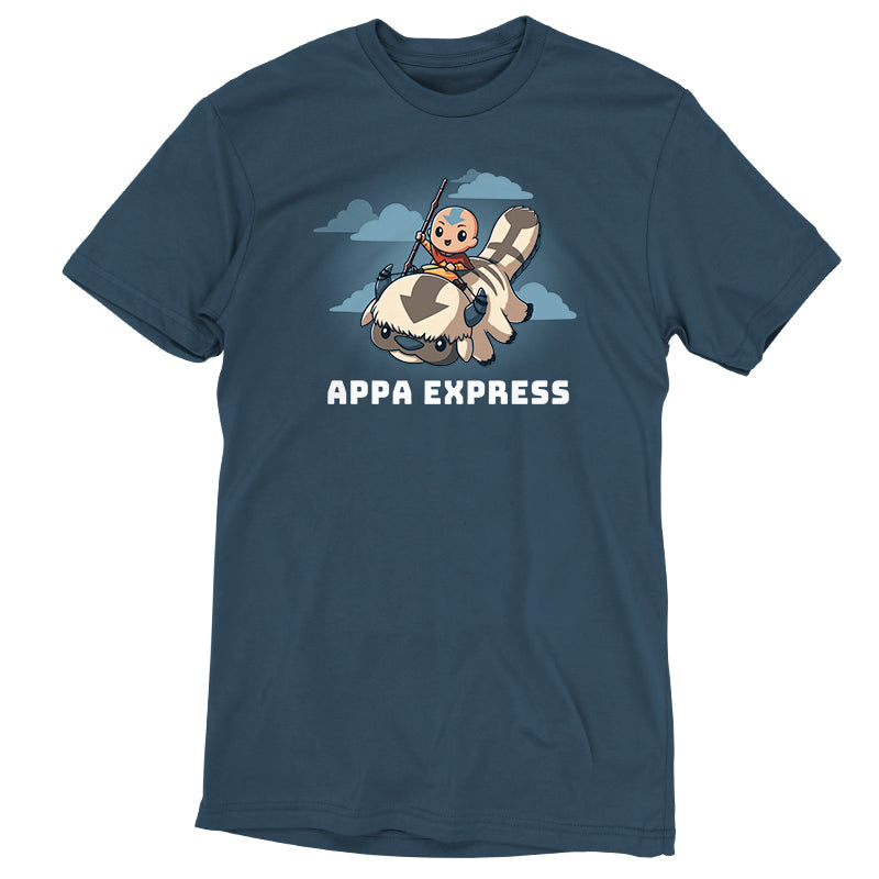 Premium Cotton T-shirt - A denim blue apparel featuring an illustration of a character riding a flying creature with the text "Appa Express" below it, crafted from super soft ringspun cotton. Product Name: Appa Express by monsterdigital