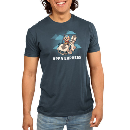 Premium Cotton T-shirt - Person wearing a denim blue apparel in super soft ringspun cotton, featuring a cartoon character riding a flying bison with the text "Appa Express" by monsterdigital.