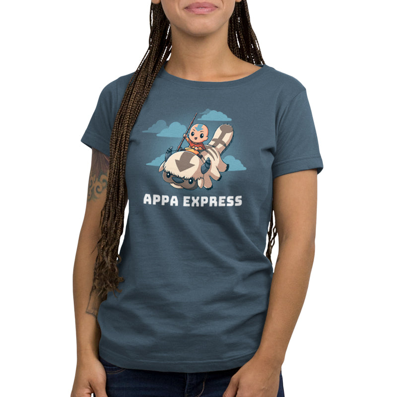 Premium Cotton T-shirt - A person with long braided hair in a denim blue apparel that reads "Appa Express" by monsterdigital, featuring two animated characters riding a flying creature. The super soft ringspun cotton ensures comfort for all-day wear.