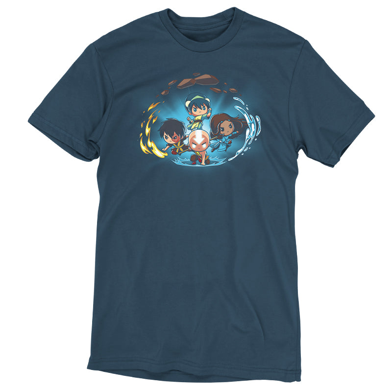 Premium Cotton T-shirt - Avatar: The Last Airbender blue apparel by monsterdigital with a graphic of three animated characters, one holding a fire orb and another with a water orb, encircled by a glowing, swirly design.