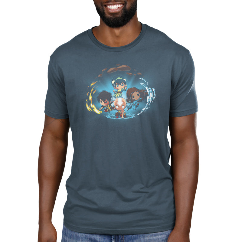 Premium Cotton T-shirt - Man in a denim blue apparel featuring a printed design of three Avatar: The Last Airbender characters encircled by a glowing blue light by monsterdigital.