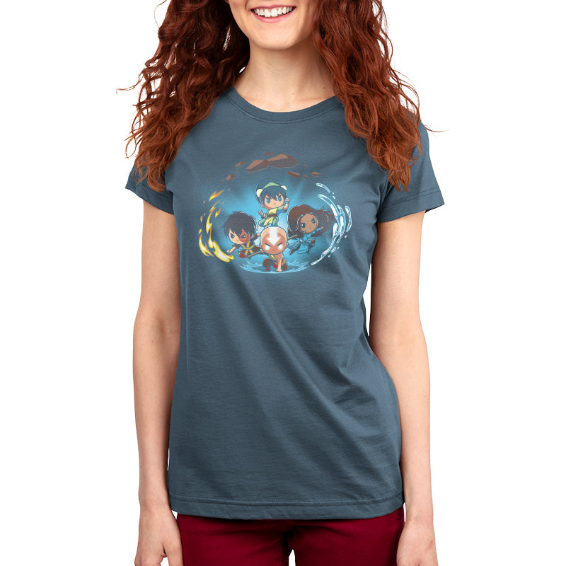 Premium Cotton T-shirt - Woman in a denim blue apparel featuring a whimsical animated design of three Avatar: The Last Airbender characters floating in a swirling blue aura by monsterdigital.