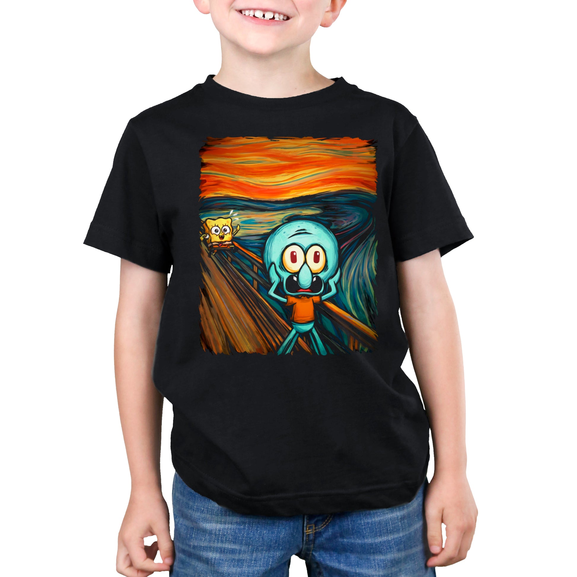 Premium Cotton T-shirt_TeeTurtle black The Scream apparel featuring a screaming Squidward with SpongeBob running towards him in the background done in a style reminiscent of the painting The Scream.