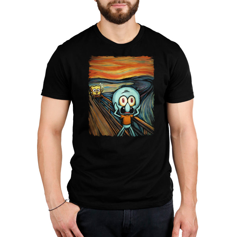 Premium Cotton T-shirt_TeeTurtle black The Scream apparel featuring a screaming Squidward with SpongeBob running towards him in the background done in a style reminiscent of the painting The Scream.