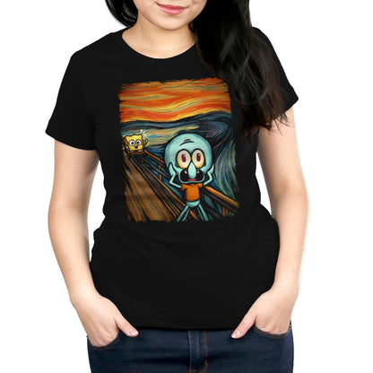 Premium Cotton T-shirt_TeeTurtle black The Scream apparel featuring a screaming Squidward with SpongeBob running towards him in the background done in a style reminiscent of the painting The Scream.