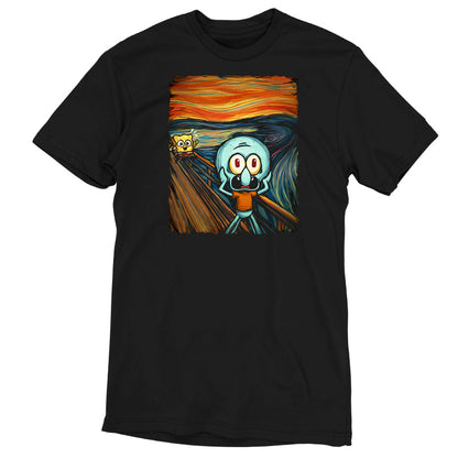 Premium Cotton T-shirt_TeeTurtle black The Scream apparel featuring a screaming Squidward with SpongeBob running towards him in the background done in a style reminiscent of the painting The Scream.