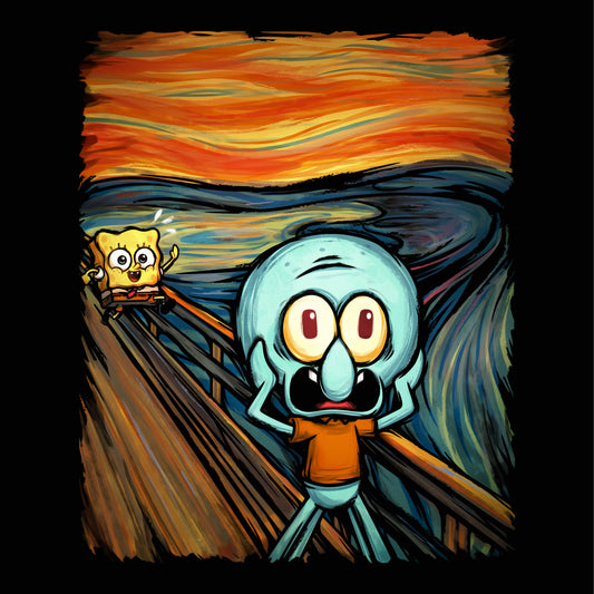 Premium Cotton T-shirt_TeeTurtle black The Scream apparel featuring a screaming Squidward with SpongeBob running towards him in the background done in a style reminiscent of the painting The Scream.