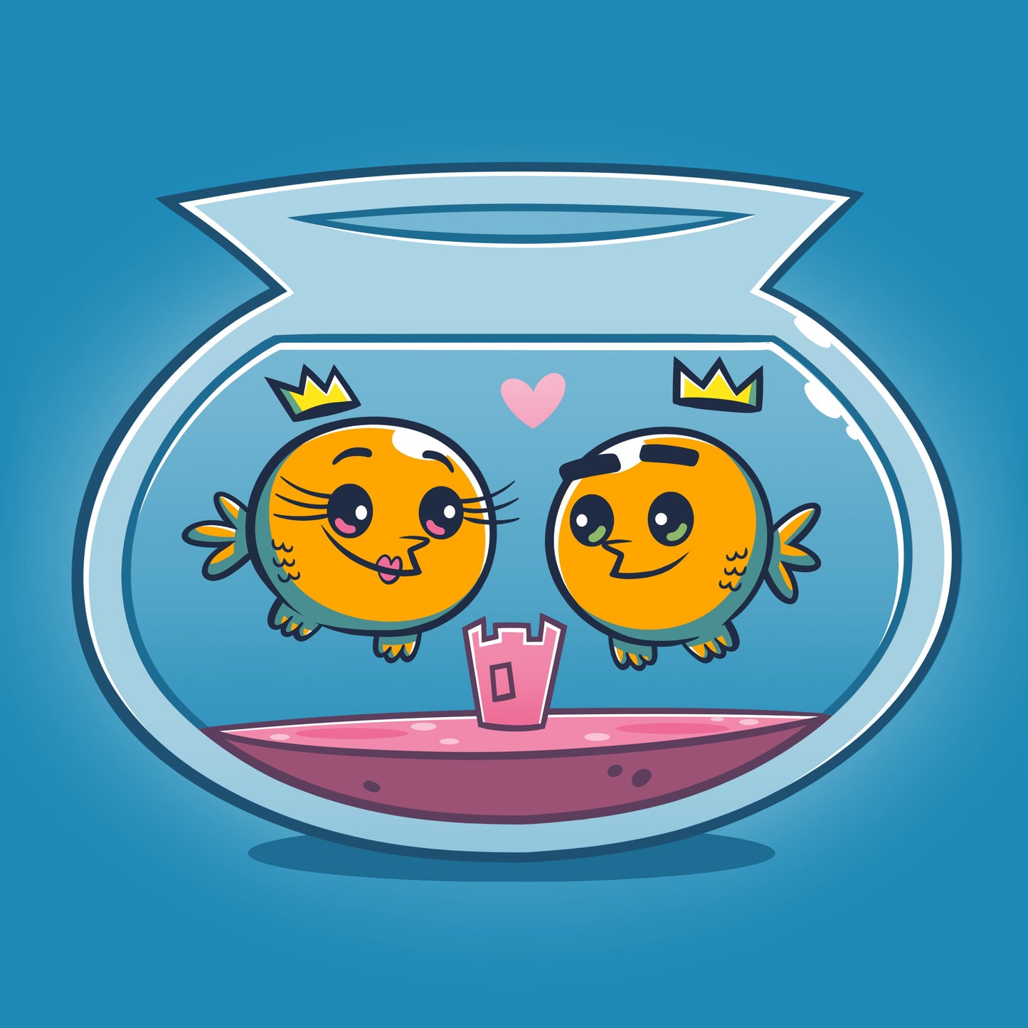 Premium Cotton T-shirt_TeeTurtle cobalt blue Wanda & Cosmo's Fishbowl apparel featuring Cosmo and Wanda as goldfish in a fishbowl.