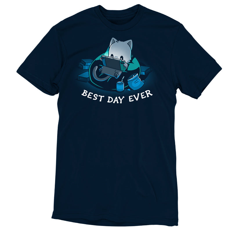 Premium Cotton T-shirt_TeeTurtle Best Day Ever navy blue t-shirt featuring an illustration of a cat sitting on a bean bag chair playing a portal video game surrounded by a mess of books and an open bag of chips and a can of soda with a straw. "BEST DAY EVER" is written underneath.