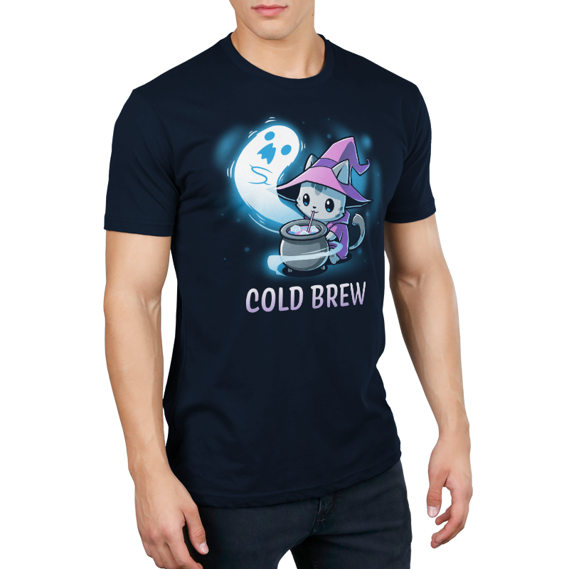 Premium Cotton T-shirt_TeeTurtle Cold Brew navy blue t-shirt featuring a cartoon gray cat wearing a purple witch's hat and purple cape contently drinking from a black witch's cauldron with a white ghost swirling around the cauldron and beside the cat. "COLD BREW" is written underneath.