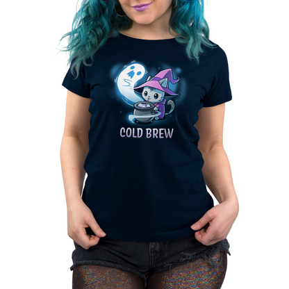 Premium Cotton T-shirt_TeeTurtle Cold Brew navy blue t-shirt featuring a cartoon gray cat wearing a purple witch's hat and purple cape contently drinking from a black witch's cauldron with a white ghost swirling around the cauldron and beside the cat. "COLD BREW" is written underneath.