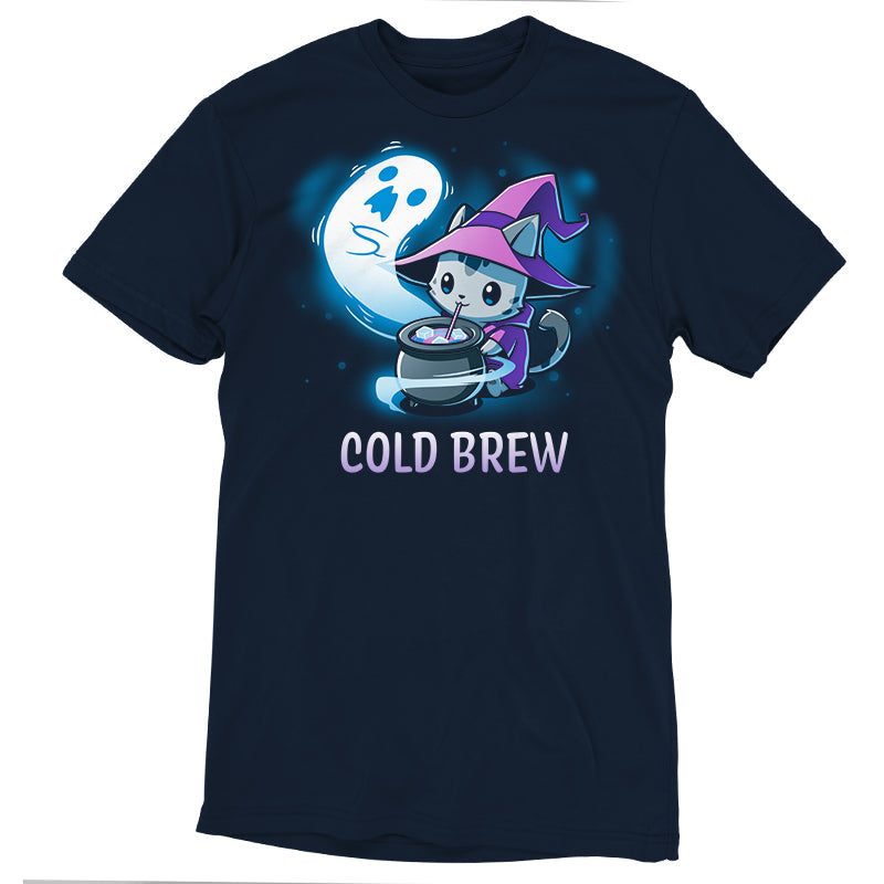 Premium Cotton T-shirt_TeeTurtle Cold Brew navy blue t-shirt featuring a cartoon gray cat wearing a purple witch's hat and purple cape contently drinking from a black witch's cauldron with a white ghost swirling around the cauldron and beside the cat. "COLD BREW" is written underneath.