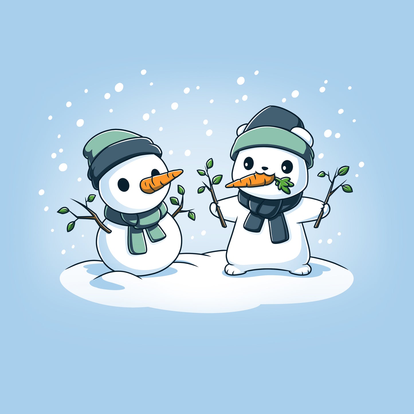 Premium Cotton T-shirt - featuring a polar bear in a green hat and scarf holding up two branches in its hands with a carrot in its mouth standing in front of a snowman doing the exact same thing