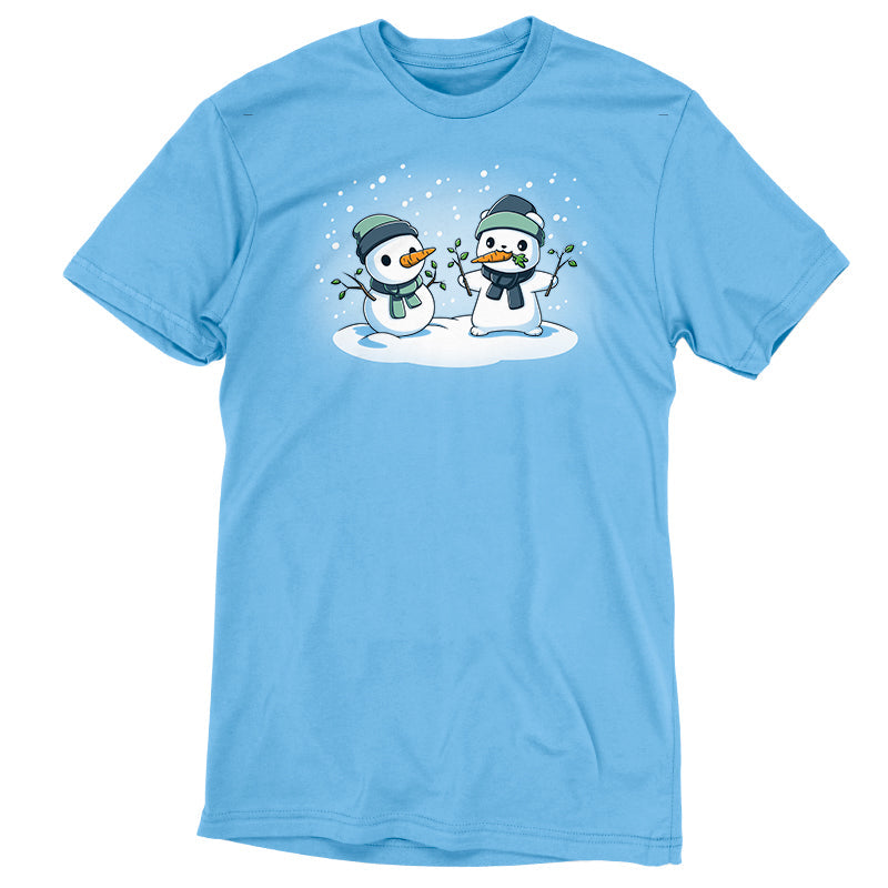 Premium Cotton T-shirt - featuring a polar bear in a green hat and scarf holding up two branches in its hands with a carrot in its mouth standing in front of a snowman doing the exact same thing