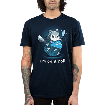 Premium Cotton T-shirt_TeeTurtle I'm on a Roll navy blue t-shirt featuring a gray and white fox smirking and holding a sword on top of a blue dice with the numbers 3, 4, 6, 8, 14, and 16 on it. The words "I'm on a roll" are written underneath. 