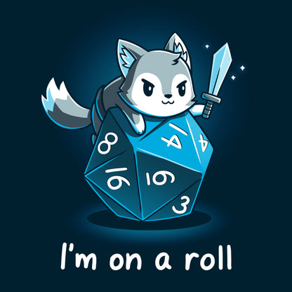 Premium Cotton T-shirt_TeeTurtle I'm on a Roll navy blue t-shirt featuring a gray and white fox smirking and holding a sword on top of a blue dice with the numbers 3, 4, 6, 8, 14, and 16 on it. The words "I'm on a roll" are written underneath. 