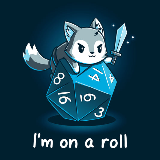 Premium Cotton T-shirt_TeeTurtle I'm on a Roll navy blue t-shirt featuring a gray and white fox smirking and holding a sword on top of a blue dice with the numbers 3, 4, 6, 8, 14, and 16 on it. The words 