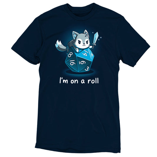 Premium Cotton T-shirt_TeeTurtle I'm on a Roll navy blue t-shirt featuring a gray and white fox smirking and holding a sword on top of a blue dice with the numbers 3, 4, 6, 8, 14, and 16 on it. The words 