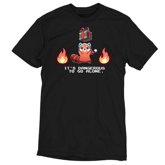 Premium Cotton T-shirt_TeeTurtle black It's Dangerous To Go Alone apparel featuring a red panda holding a floating present surrounded by two flames.