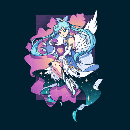 Premium Cotton T-shirt_TeeTurtle Mahou Shoujo & Fox navy blue t-shirt featuring an anime character with long, light blue hair wearing a blue dress with white angel wings while holding a blue fox surrounded by purple stars.