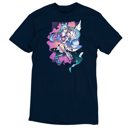 Premium Cotton T-shirt_TeeTurtle Mahou Shoujo & Fox navy blue t-shirt featuring an anime character with long, light blue hair wearing a blue dress with white angel wings while holding a blue fox surrounded by purple stars.