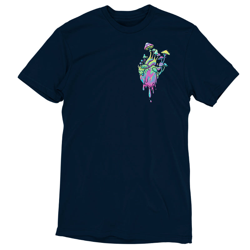 Premium Cotton T-shirt_TeeTurtle Psychedelic at Heart navy blue t-shirt featuring an illustration of a heart colored with pastel shades of pink, green, purple and blue that have a marbling effect, with colorful cartoonish mushrooms and green plants and foliage growing from the dripping heart.