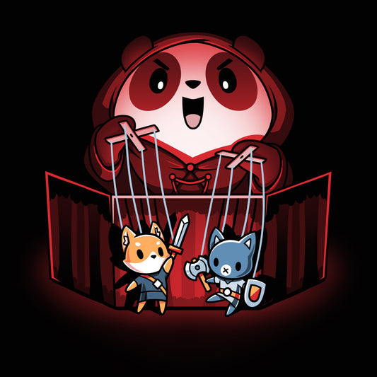 Premium Cotton T-shirt_TeeTurtle Puppet Master black t-shirt featuring an illustration of a cartoon panda smiling evilly and standing behind a puppet  theater holding a fox puppet with a sword in the left hand and a cat with an axe and shield in the right hand. The illustration is being illuminated by a red glow.