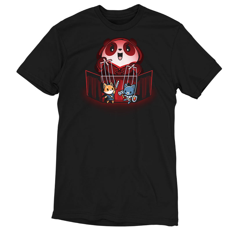 Premium Cotton T-shirt_TeeTurtle Puppet Master black t-shirt featuring an illustration of a cartoon panda smiling evilly and standing behind a puppet  theater holding a fox puppet with a sword in the left hand and a cat with an axe and shield in the right hand. The illustration is being illuminated by a red glow.