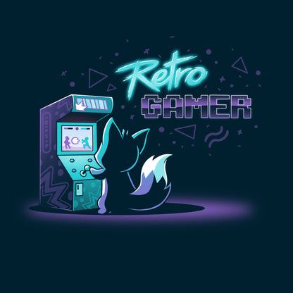 Premium Cotton T-shirt_TeeTurtle Retro Gamer navy blue t-shirt featuring a small, dark colored fox playing a vintage arcade game on a pixelated screen that shows two fighting figures with "Retro GAMER" written in the top right. The text is superimposed over various shapes, including stylized triangles, circular shapes, and wavy lines, in similar neon tones.