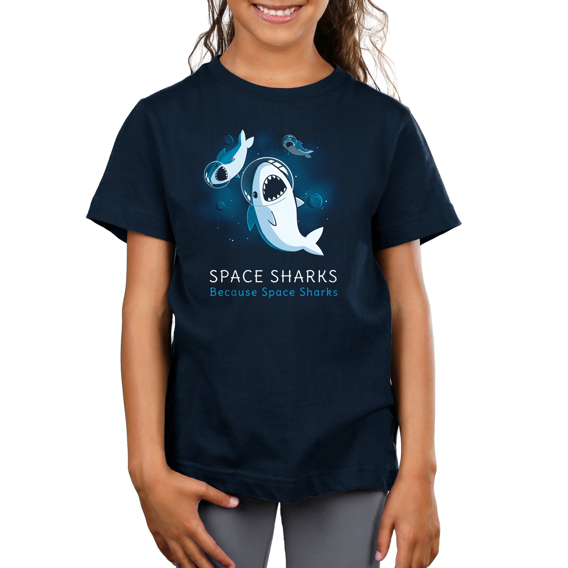 Premium Cotton T-shirt_TeeTurtle Space Sharks navy blue t-shirt featuring an illustration of three sharks with their mouths open showing teeth wearing air helmets floating in space with blue moons and stars in the background. The words "SPACE SHARKS Because Space sharks" are written underneath.