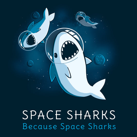 Premium Cotton T-shirt_TeeTurtle Space Sharks navy blue t-shirt featuring an illustration of three sharks with their mouths open showing teeth wearing air helmets floating in space with blue moons and stars in the background. The words 