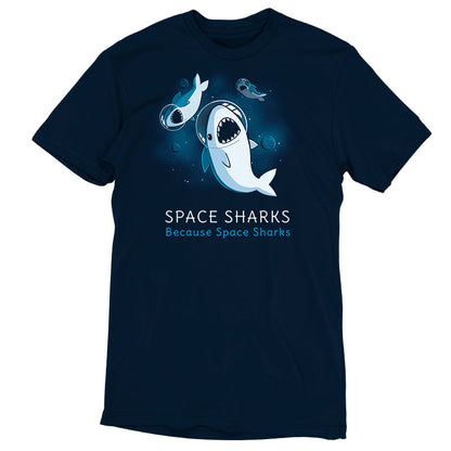 Premium Cotton T-shirt_TeeTurtle Space Sharks navy blue t-shirt featuring an illustration of three sharks with their mouths open showing teeth wearing air helmets floating in space with blue moons and stars in the background. The words "SPACE SHARKS Because Space sharks" are written underneath.