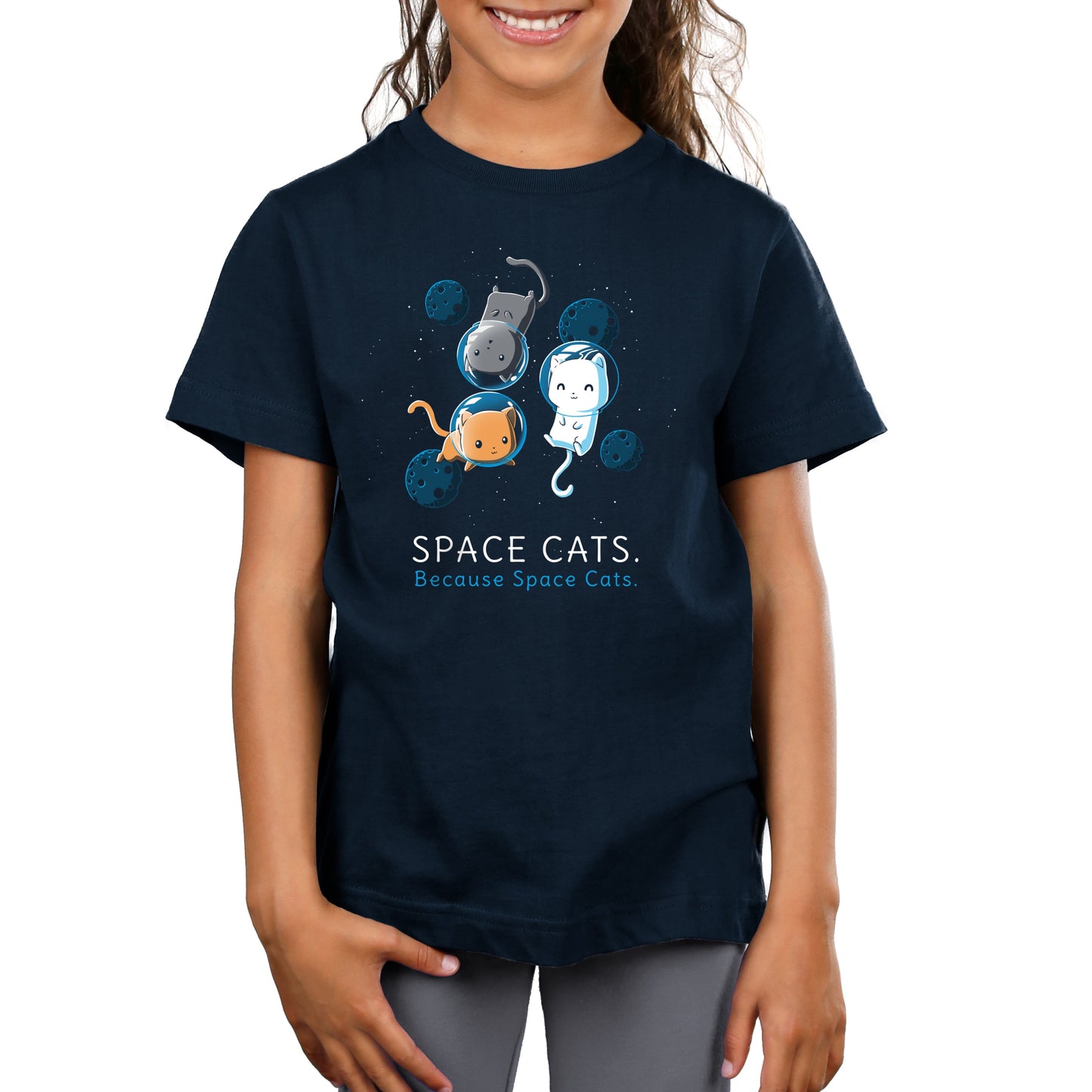 Premium Cotton T-shirt_TeeTurtle Space Cats navy blue t-shirt featuring an orange, white, and gray cat wearing air helmets floating in space surrounded by blue moons looking content with the words "SPACE CATS. Because Space Cats." written below.