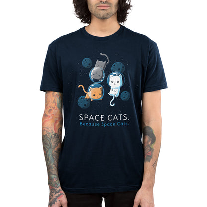 Premium Cotton T-shirt_TeeTurtle Space Cats navy blue t-shirt featuring an orange, white, and gray cat wearing air helmets floating in space surrounded by blue moons looking content with the words "SPACE CATS. Because Space Cats." written below.