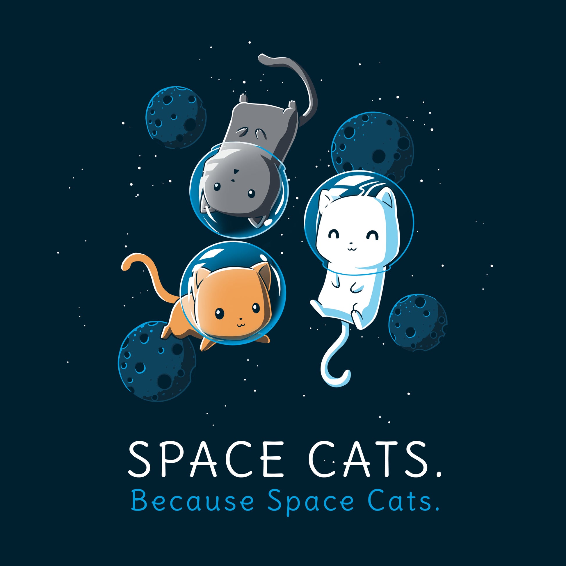 Premium Cotton T-shirt_TeeTurtle Space Cats navy blue t-shirt featuring an orange, white, and gray cat wearing air helmets floating in space surrounded by blue moons looking content with the words "SPACE CATS. Because Space Cats." written below.