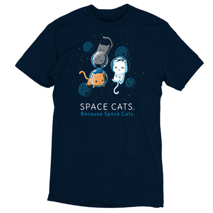 Premium Cotton T-shirt_TeeTurtle Space Cats navy blue t-shirt featuring an orange, white, and gray cat wearing air helmets floating in space surrounded by blue moons looking content with the words "SPACE CATS. Because Space Cats." written below.