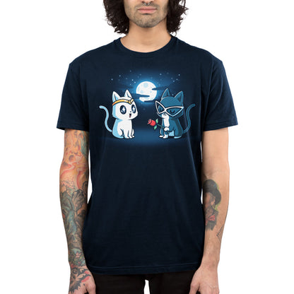 Premium Cotton T-shirt_TeeTurtle Star-Crossed Lovers navy blue t-shirt featuring a white cat with large, black starry eyes wearing a gold headband and a gray cat wearing white glasses looking smitten holding a red rose. The background features a full moon surrounded by clouds and stars. 