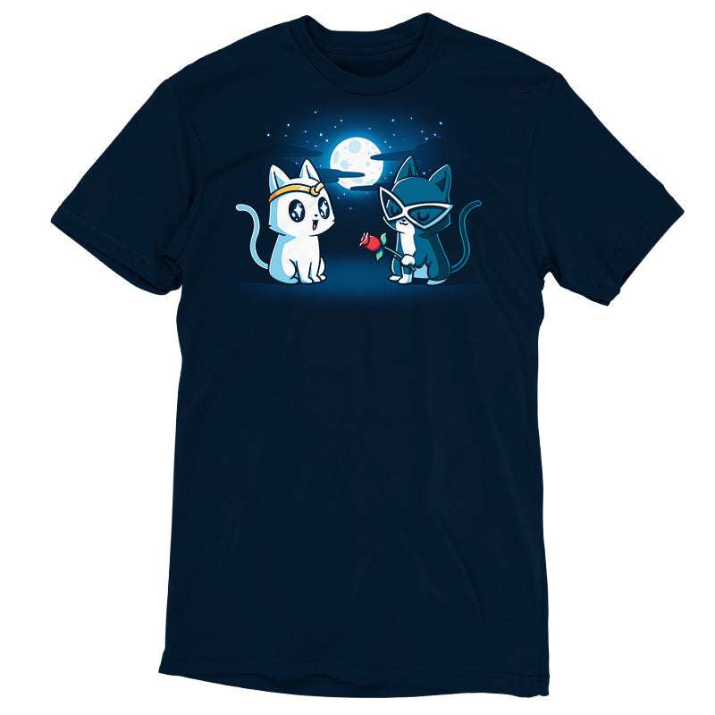 Premium Cotton T-shirt_TeeTurtle Star-Crossed Lovers navy blue t-shirt featuring a white cat with large, black starry eyes wearing a gold headband and a gray cat wearing white glasses looking smitten holding a red rose. The background features a full moon surrounded by clouds and stars. 