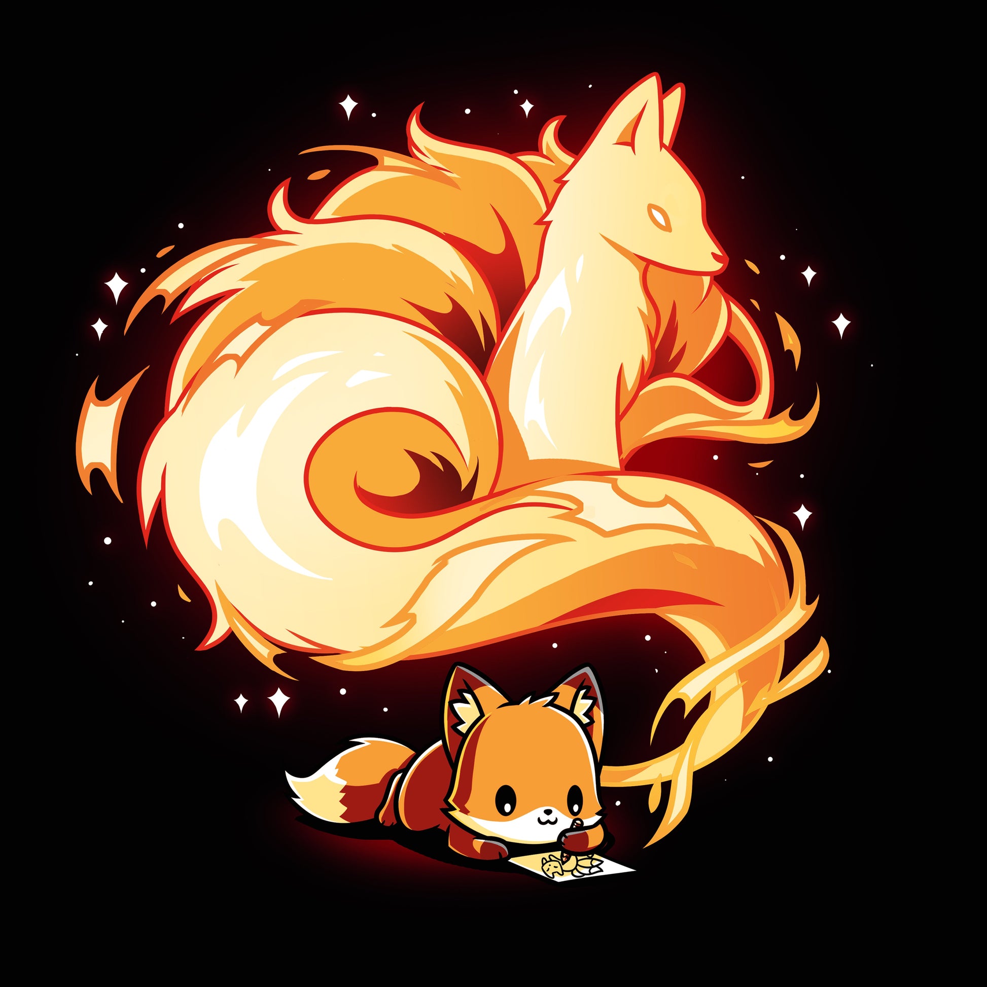 Premium Cotton T-shirt_TeeTurtle The Mind of an Artist black t-shirt featuring an illustration of an orange fox lying down contently drawing. The drawing appears to come from the little fox's thoughts, which shows an older orange fox with a long, fluffy and spiraling tail that resembles fire surrounded by stars. 