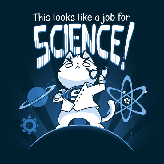 Premium Cotton T-shirt_TeeTurtle This Looks Like a Job for Science navy blue t-shirt featuring a cartoon illustration of a white cat dressed in a white suit revealing a shirt underneath that has an 