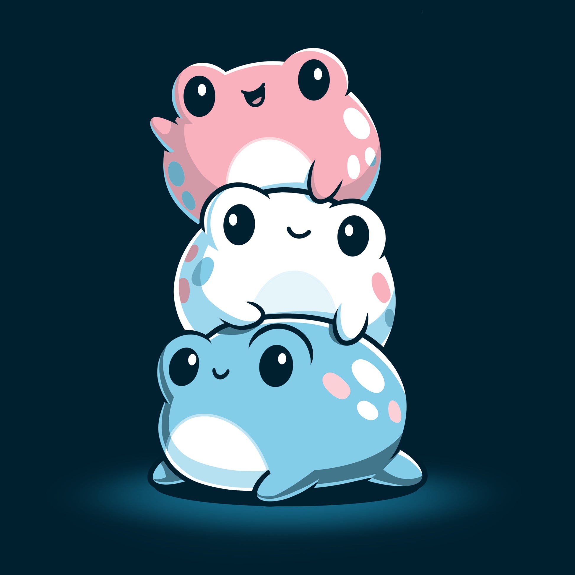 Premium Cotton T-shirt_TeeTurtle Trans Pride Frogs navy blue t-shirt featuring a pink frog waving on top, a white frog in the middle, and a light blue frog on the bottom all smiling and looking content.