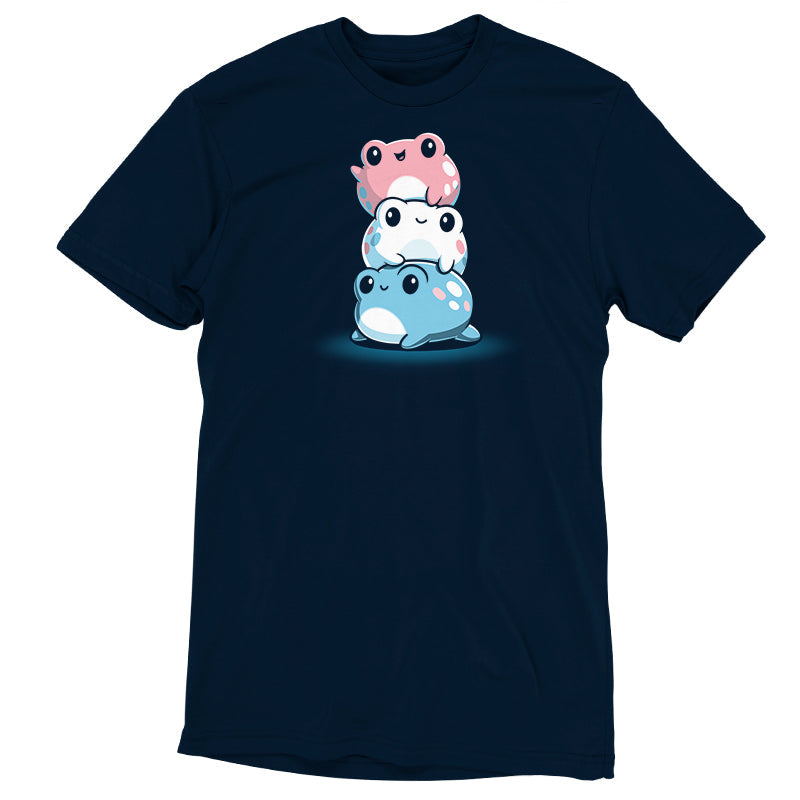 Premium Cotton T-shirt_TeeTurtle Trans Pride Frogs navy blue t-shirt featuring a pink frog waving on top, a white frog in the middle, and a light blue frog on the bottom all smiling and looking content.