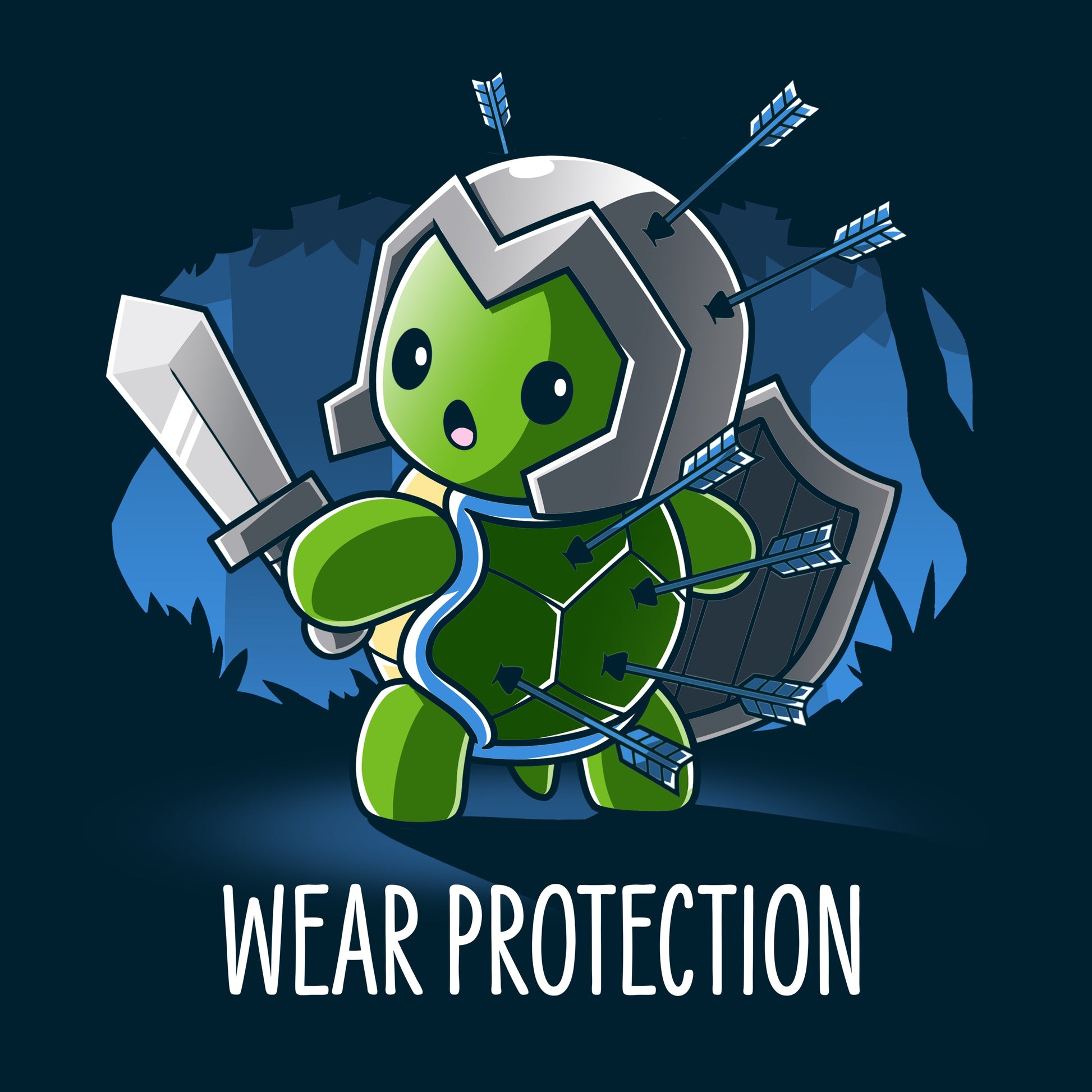 Premium Cotton T-shirt_TeeTurtle Wear Protection navy blue t-shirt featuring a green turtle holding a sword and shield and wearing a helmet looking worried with arrows protruding from it's helmet and shell. "WEAR PROTECTION" is written underneath, and the background is dark navy blue, with stylized, shadowy images of trees in the background.