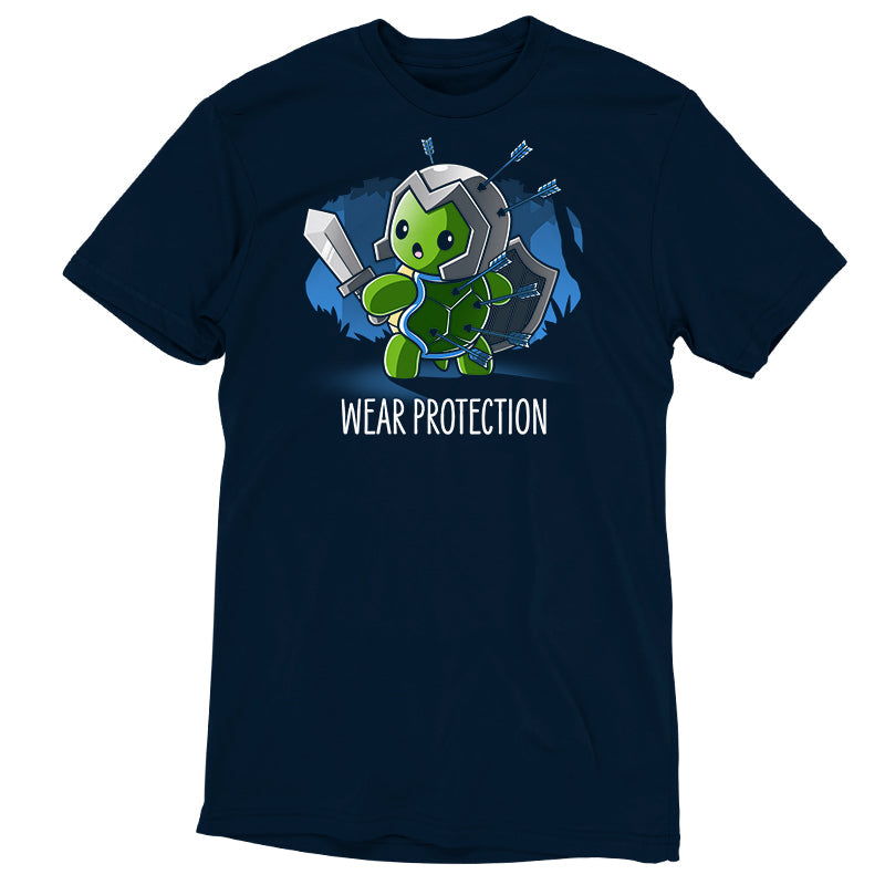 Premium Cotton T-shirt_TeeTurtle Wear Protection navy blue t-shirt featuring a green turtle holding a sword and shield and wearing a helmet looking worried with arrows protruding from it's helmet and shell. "WEAR PROTECTION" is written underneath, and the background is dark navy blue, with stylized, shadowy images of trees in the background.