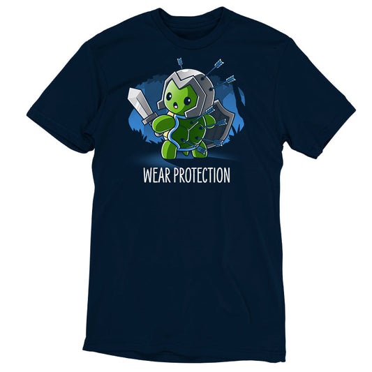 Premium Cotton T-shirt_TeeTurtle Wear Protection navy blue t-shirt featuring a green turtle holding a sword and shield and wearing a helmet looking worried with arrows protruding from it's helmet and shell. 